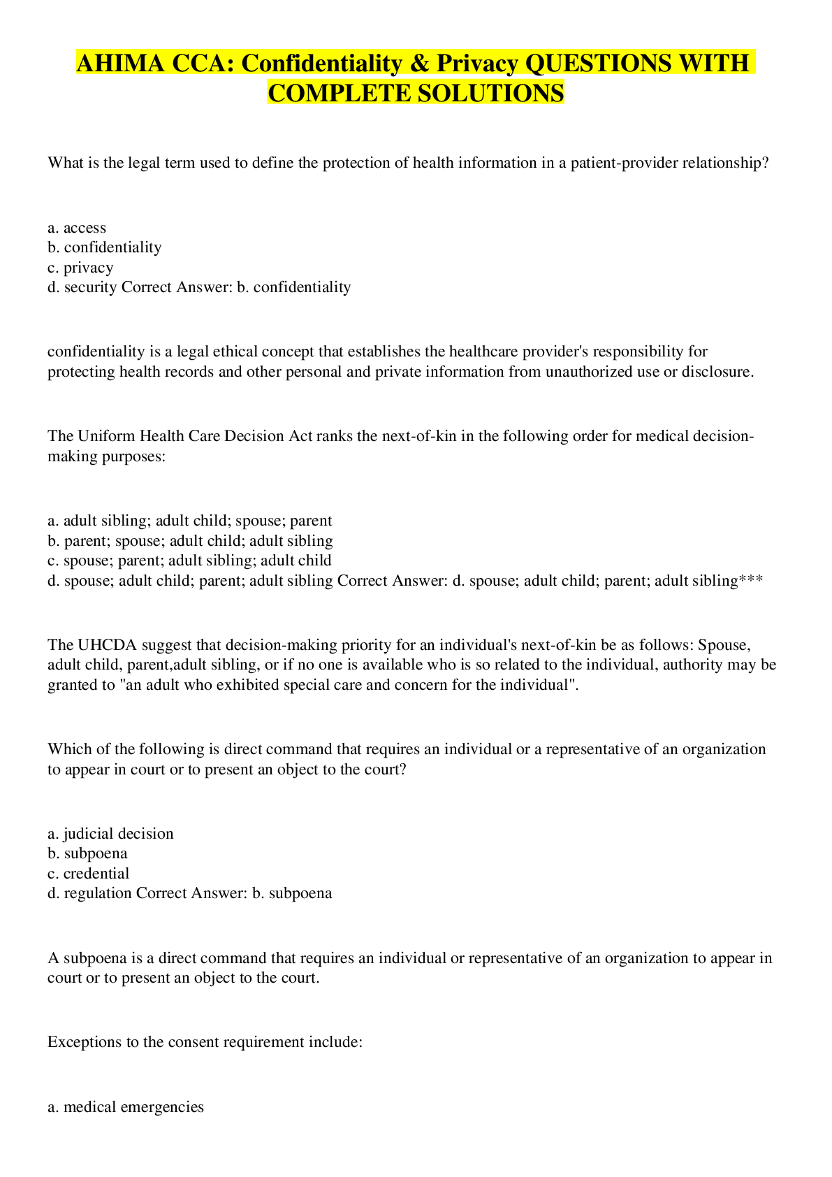 Preview image for AHIMA CCA: Confidentiality & Privacy QUESTIONS WITH COMPLETE SOLUTIONS